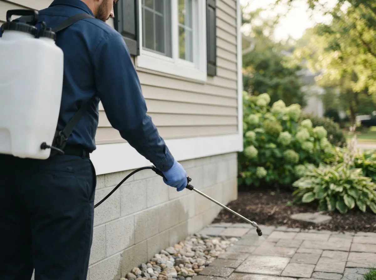 Pest control technician inspecting a home in Buck Creek, IN